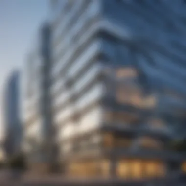 Innovative Commercial Architecture A close-up view of a modern commercial building reflecting innovative design
