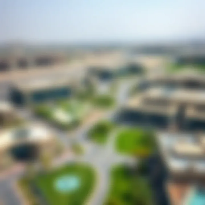 Aerial view of Al Warqa highlighting its green spaces and buildings