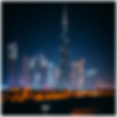 Burj Sabah illuminated at night, reflecting Dubai's vibrant skyline