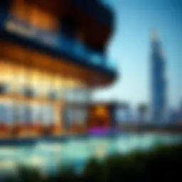 A stunning view of Club Vista's modern architecture against the Dubai skyline