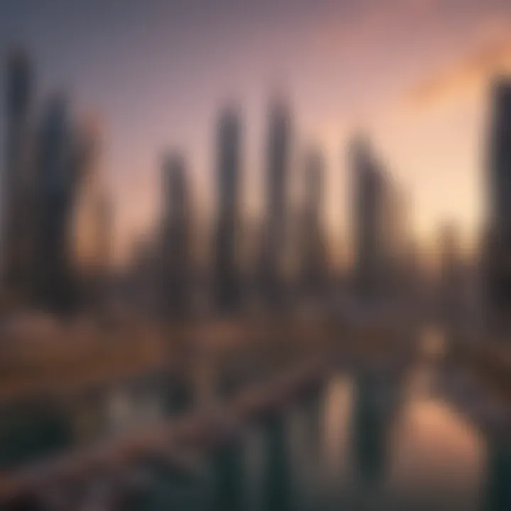 A stunning view of Dubai Marina at sunset, showcasing the skyline and waterfront.