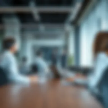 Business professionals conducting meetings in a modern office space