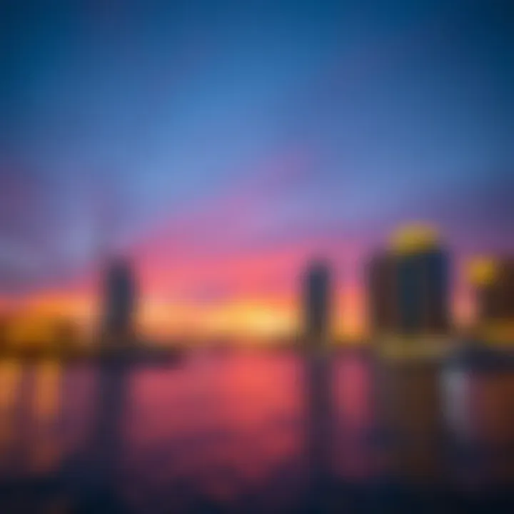 A breathtaking view of Dubai Creek at sunset showcasing vibrant colors and reflections on the water