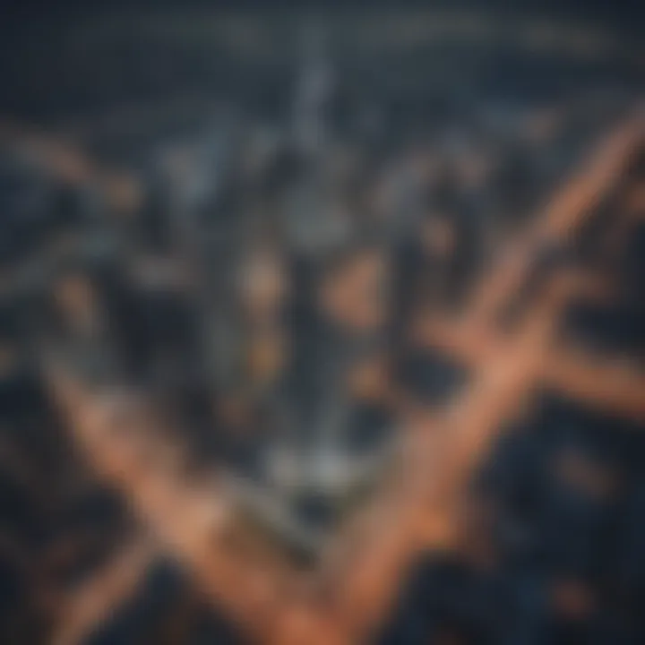 Aerial view of Geepas Tower surrounded by the vibrant Dubai skyline